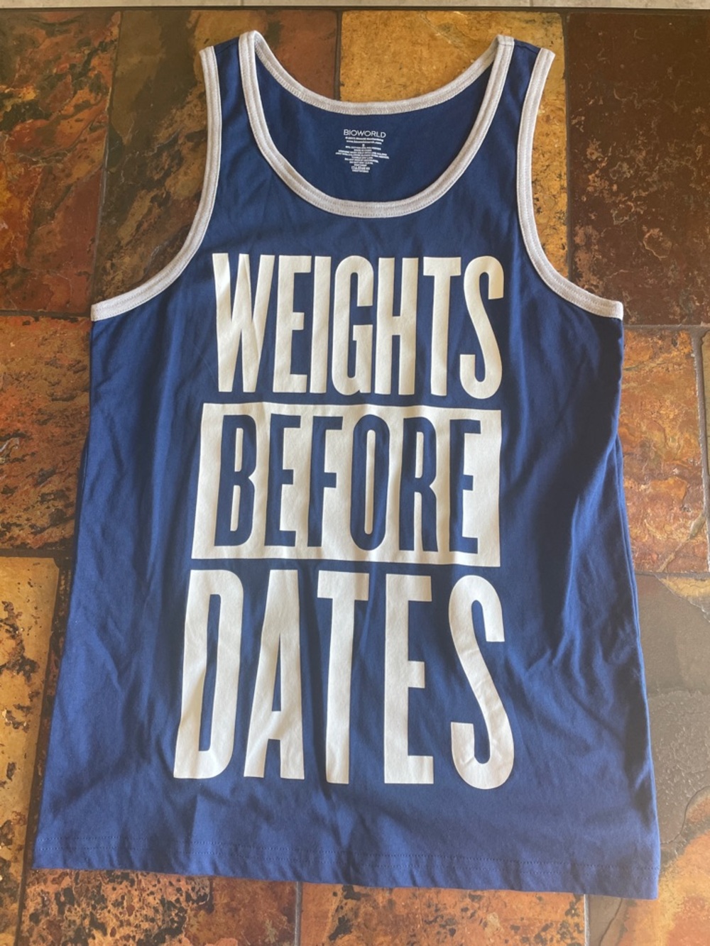 Bioworld Blue and White "Weights Before Dates" Tank Top